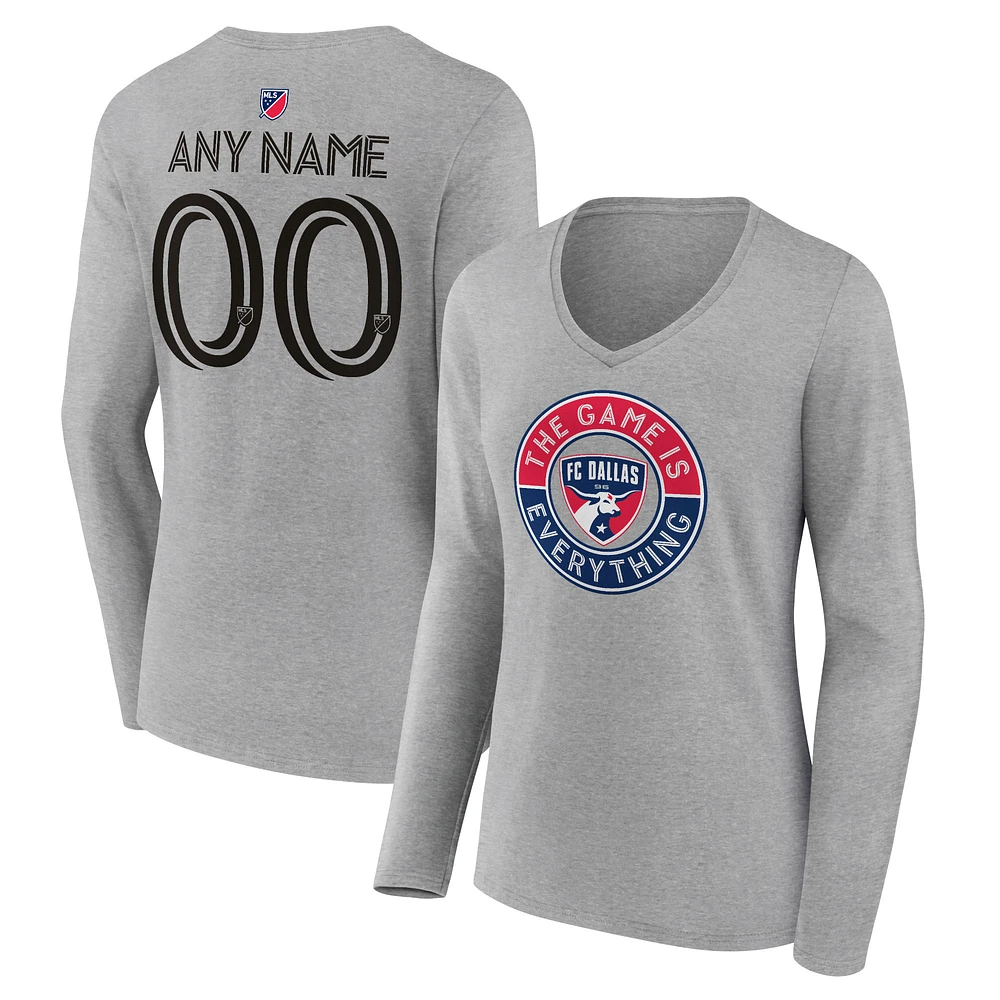 Women's Heather Gray FC Dallas The Game Is Everything Personalized Any Name & Number Long Sleeve V-Neck T-Shirt