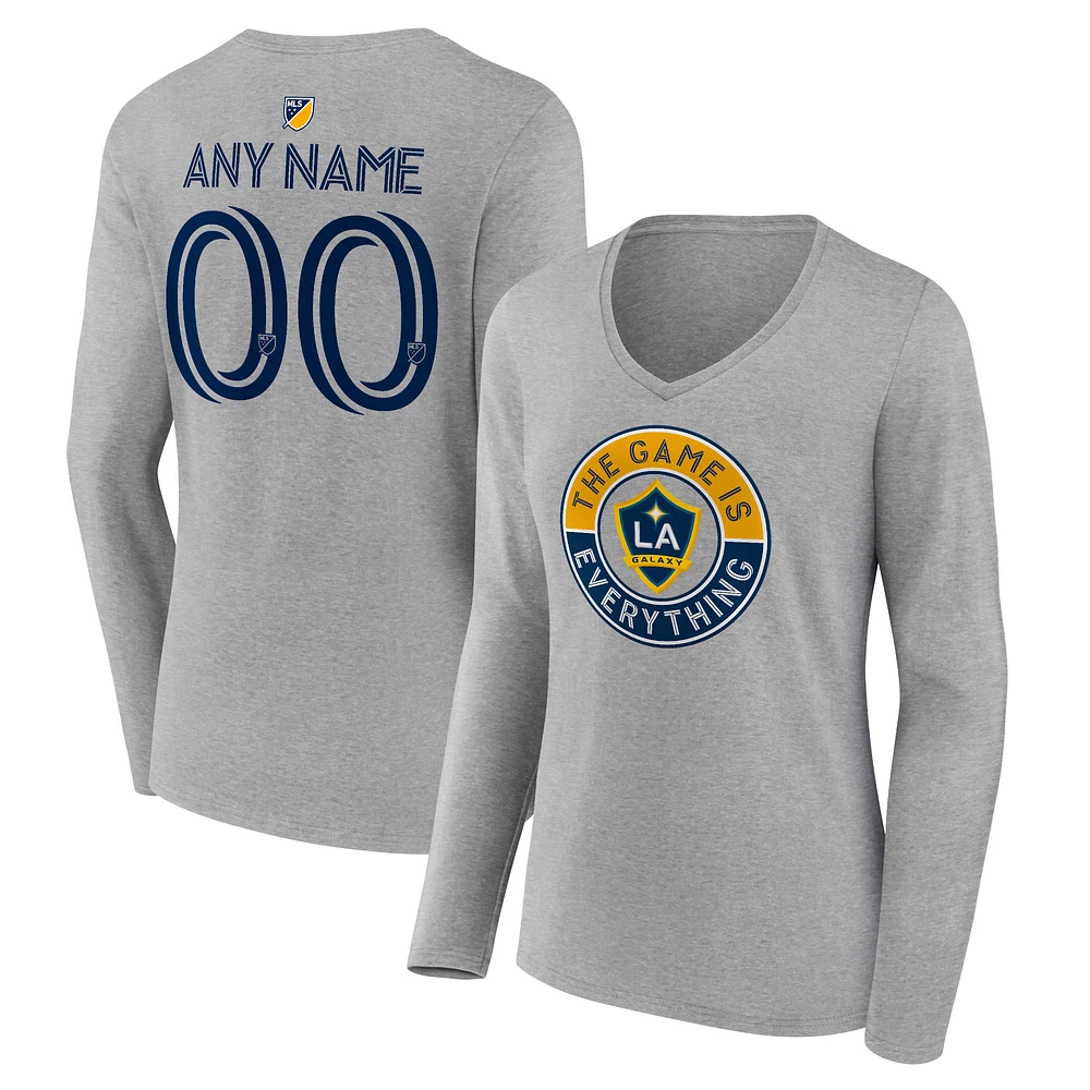 Women's Heather Gray LA Galaxy The Game Is Everything Personalized Any Name & Number Long Sleeve V-Neck T-Shirt