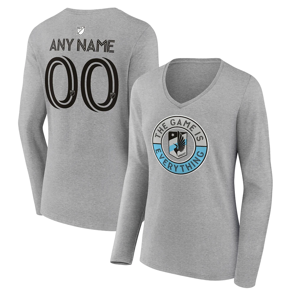 Women's Heather Gray Minnesota United FC The Game Is Everything Personalized Any Name & Number Long Sleeve V-Neck T-Shirt