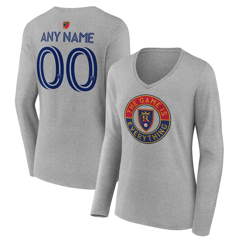 Women's Heather Gray Real Salt Lake The Game Is Everything Personalized Any Name & Number Long Sleeve V-Neck T-Shirt