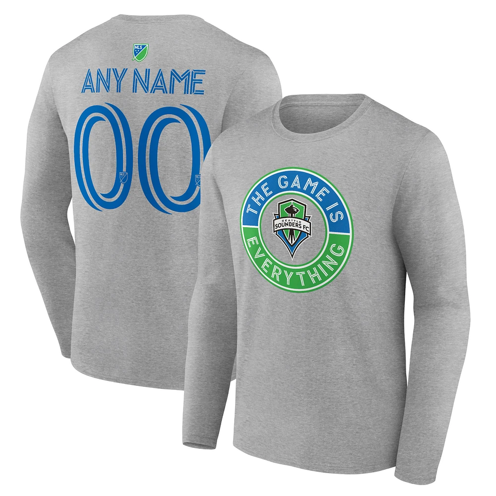 Men's Heather Gray Seattle Sounders FC The Game Is Everything Personalized Any Name & Number Long Sleeve T-Shirt