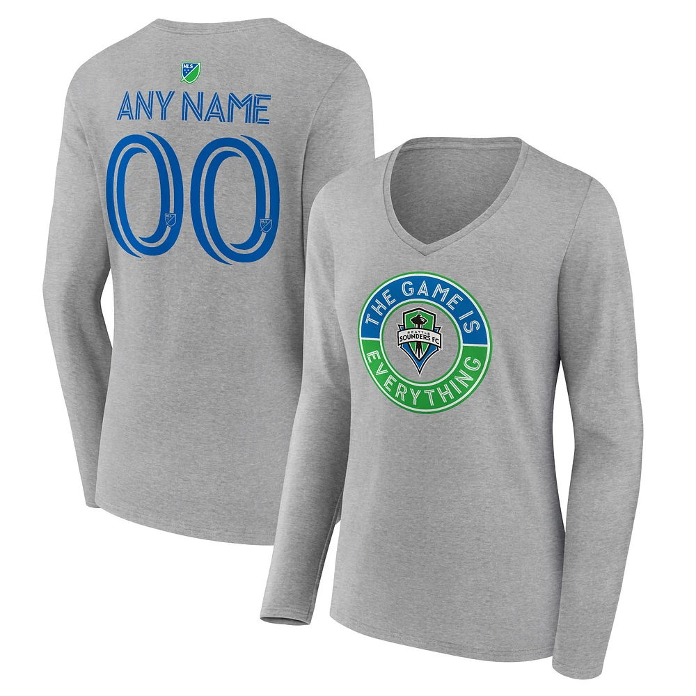 Women's Heather Gray Seattle Sounders FC The Game Is Everything Personalized Any Name & Number Long Sleeve V-Neck T-Shirt