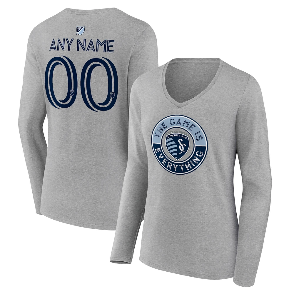 Women's Heather Gray Sporting Kansas City The Game Is Everything Personalized Any Name & Number Long Sleeve V-Neck T-Shirt