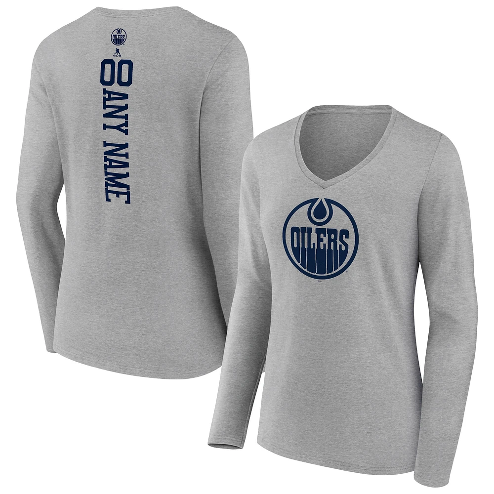 Women's Heather Gray Edmonton Oilers Personalized Name & Number Long Sleeve V-Neck T-Shirt