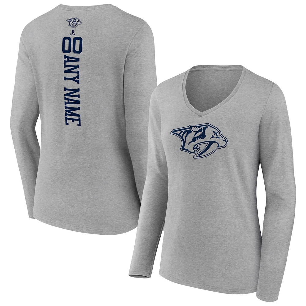 Women's Heather Gray Nashville Predators Personalized Name & Number Long Sleeve V-Neck T-Shirt