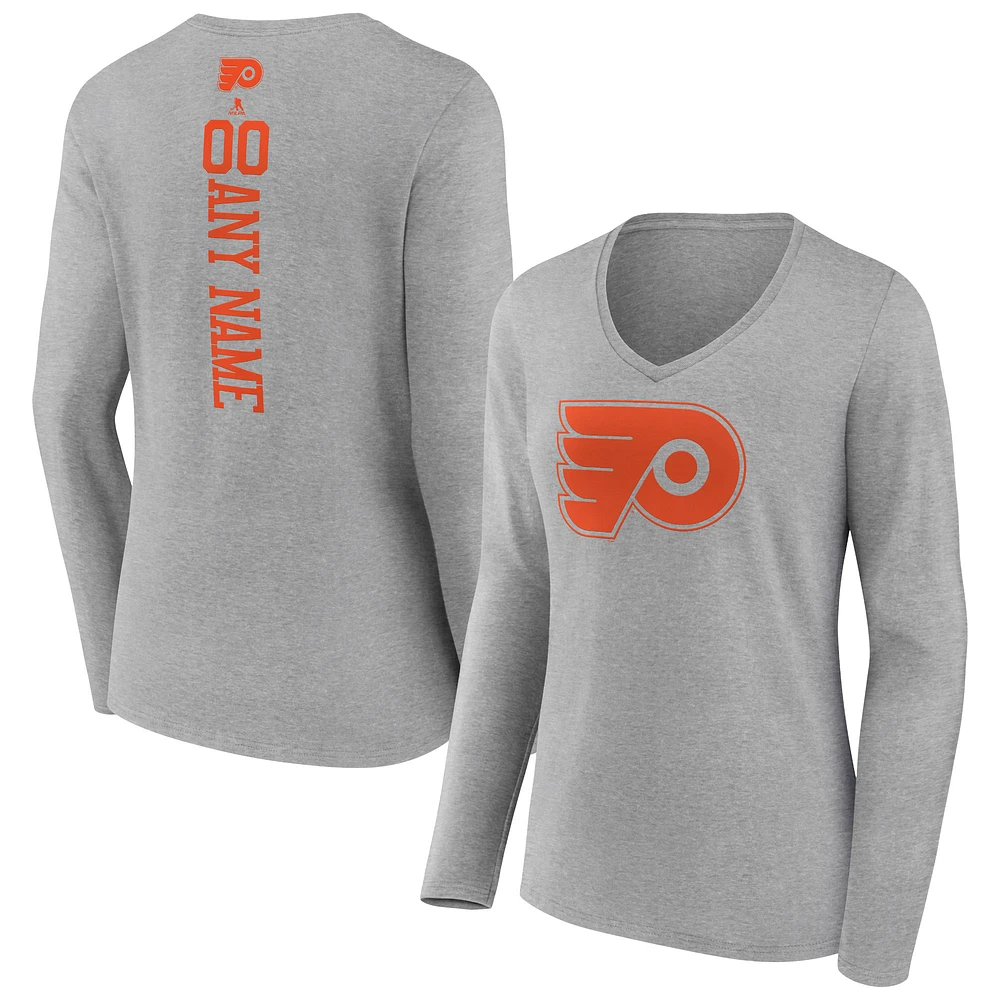 Women's Heather Gray Philadelphia Flyers Personalized Name & Number Long Sleeve V-Neck T-Shirt