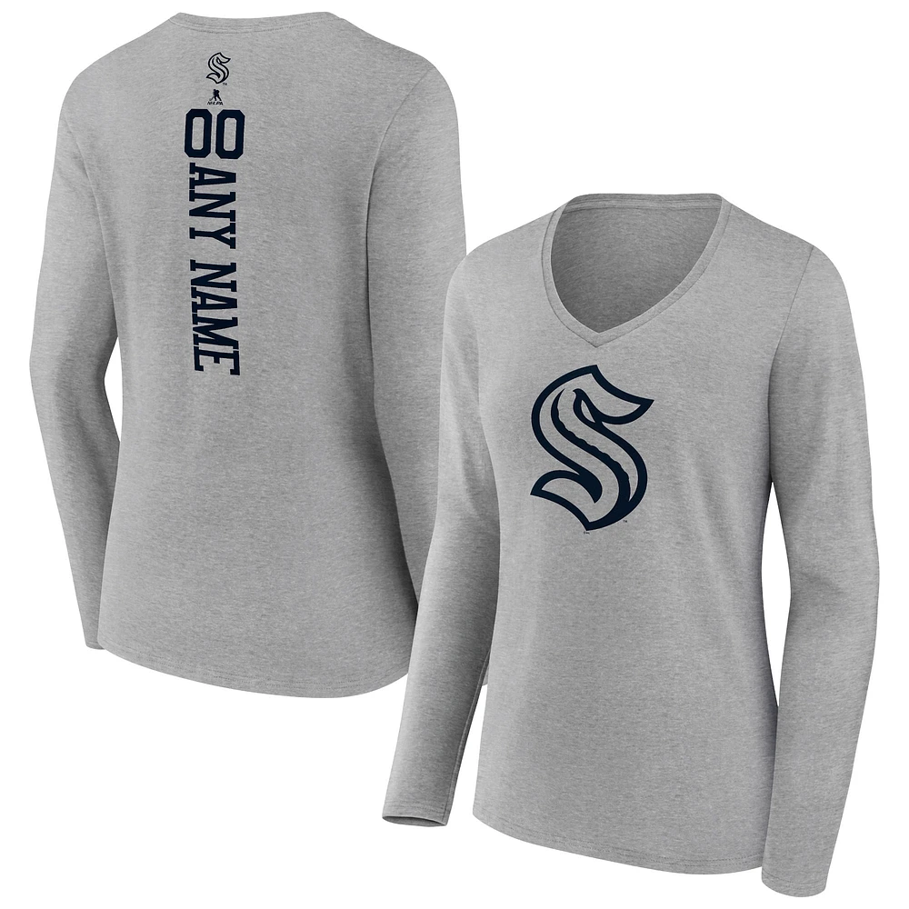 Women's Heather Gray Seattle Kraken Personalized Name & Number Long Sleeve V-Neck T-Shirt