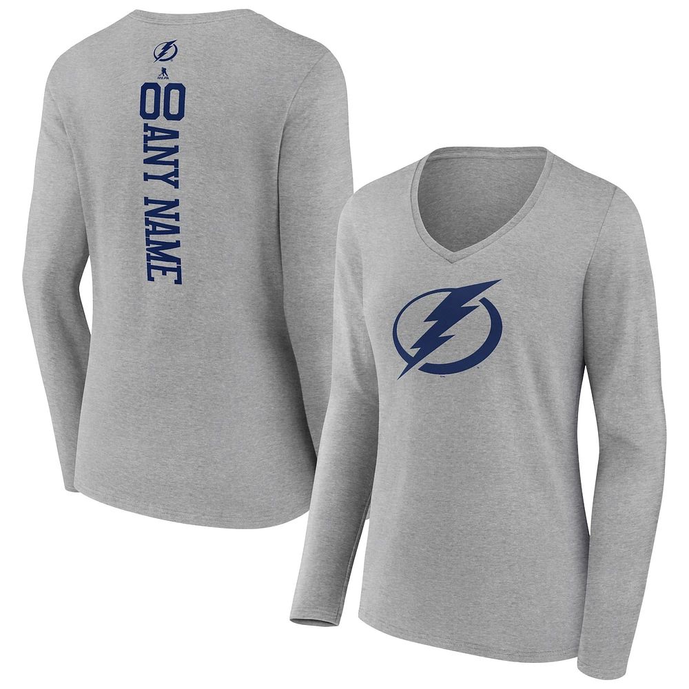 Women's Heather Gray Tampa Bay Lightning Personalized Name & Number Long Sleeve V-Neck T-Shirt