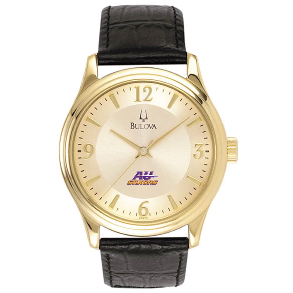Men's Bulova Gold/Black Alfred University Saxons Stainless Steel Watch with Leather Band