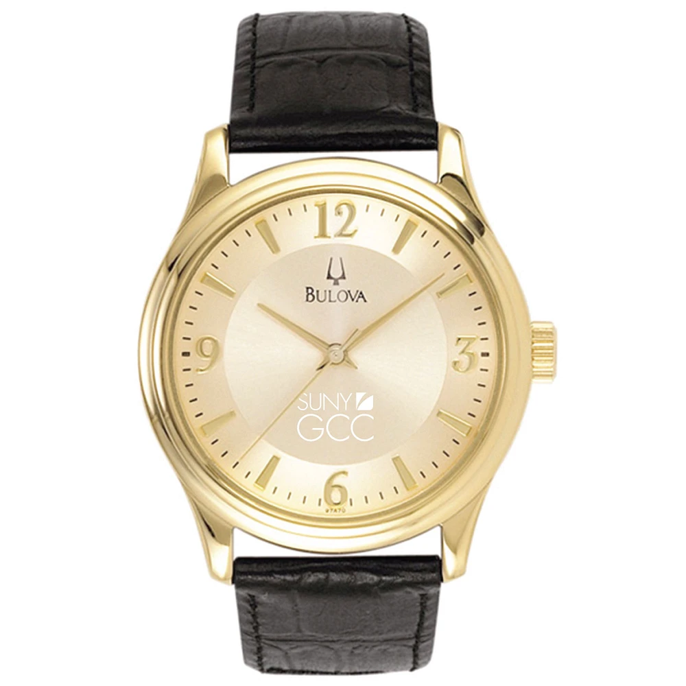 Men's Bulova Gold/Black SUNY Genesee Community College Stainless Steel Watch with Leather Band