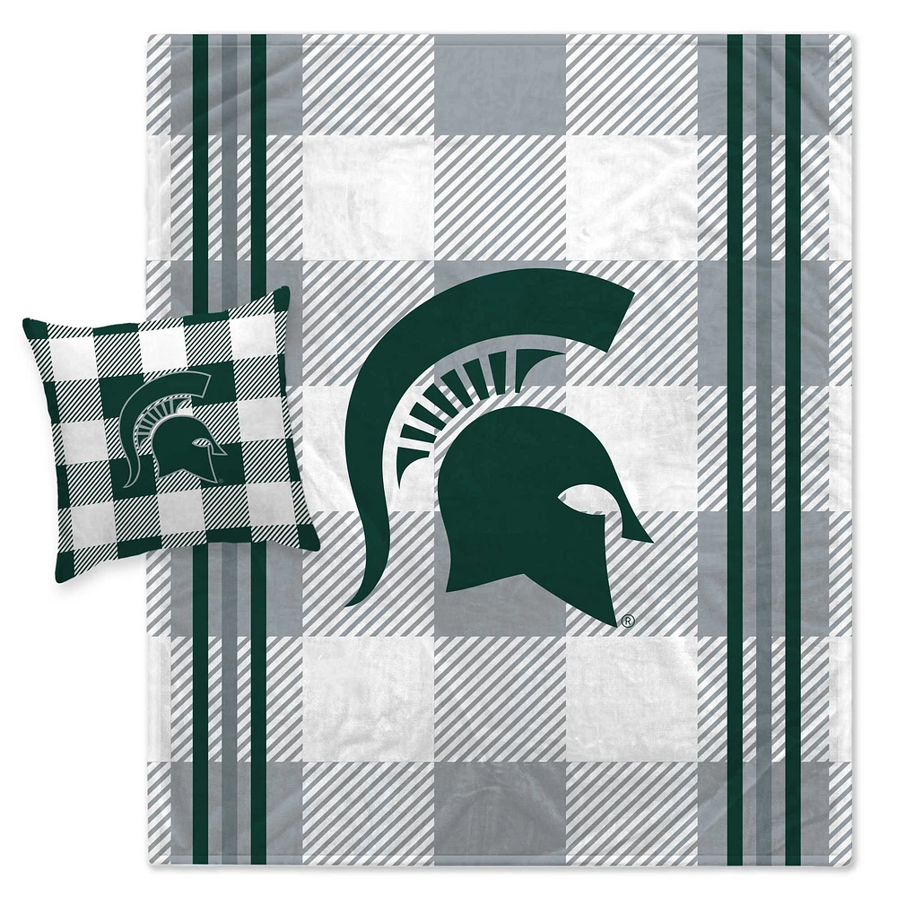 Pegasus Michigan State Spartans Gray Plaid Stripes Blanket and Pillow Combo Set