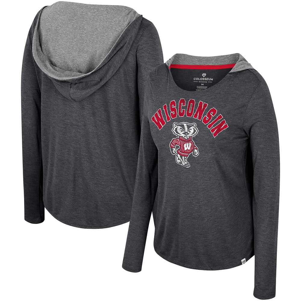 Women's Colosseum Black Wisconsin Badgers Distressed Heather Long Sleeve Hoodie T-Shirt