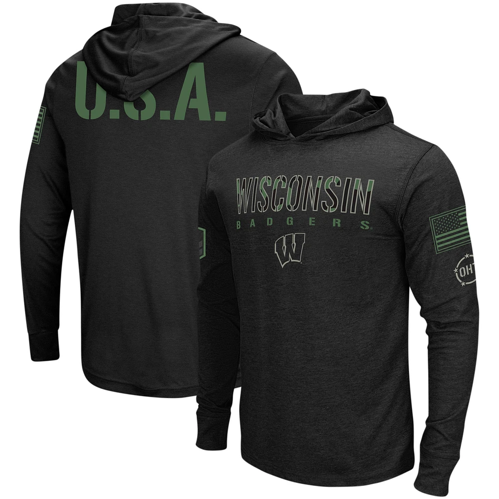Men's Colosseum Black Wisconsin Badgers Big & Tall OHT Military Appreciation Tango Long Sleeve Hoodie T-Shirt