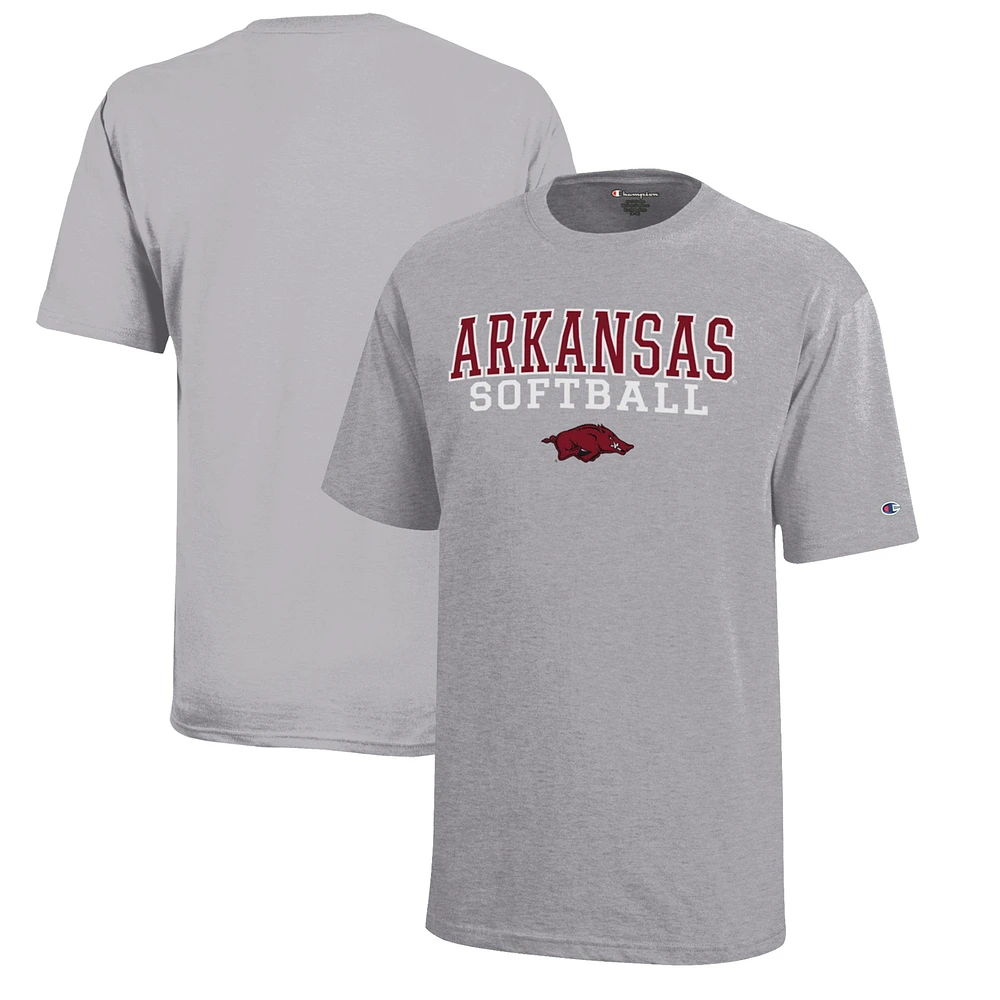 Youth Champion Gray Arkansas Razorbacks Stacked Logo Softball T-Shirt