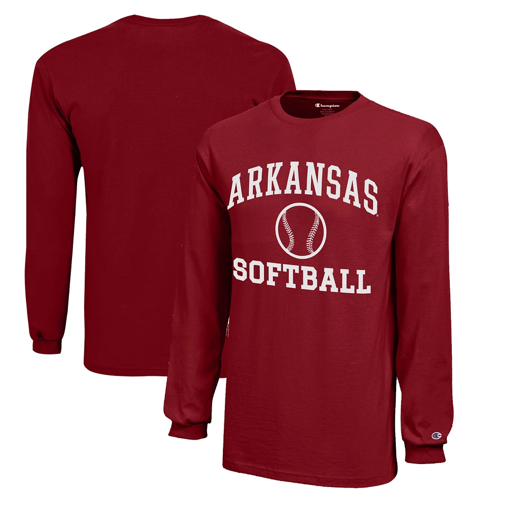 Youth Champion Cardinal Arkansas Razorbacks Icon Logo Long Sleeve Softball T-Shirt