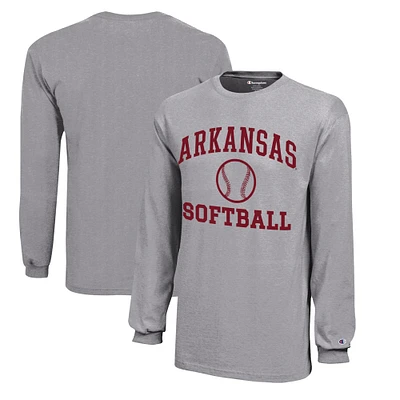 Youth Champion Gray Arkansas Razorbacks Icon Logo Long Sleeve Softball T-Shirt