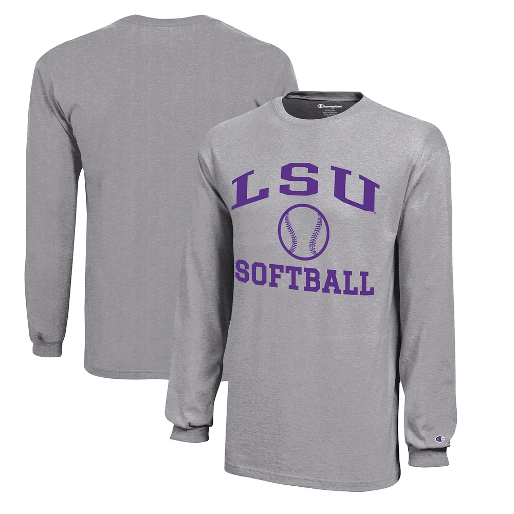 Youth Champion Gray LSU Tigers Icon Logo Long Sleeve Softball T-Shirt