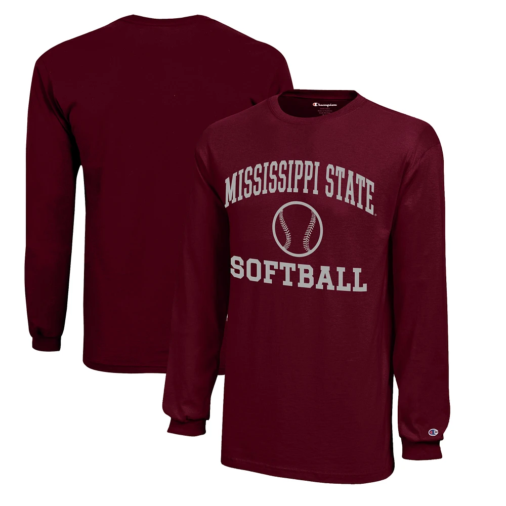 Youth Champion Maroon Mississippi State Bulldogs Icon Logo Long Sleeve Softball T-Shirt