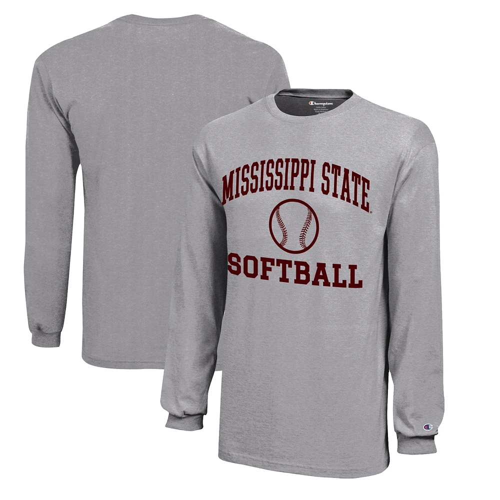 Youth Champion Gray Mississippi State Bulldogs Icon Logo Long Sleeve Softball T-Shirt