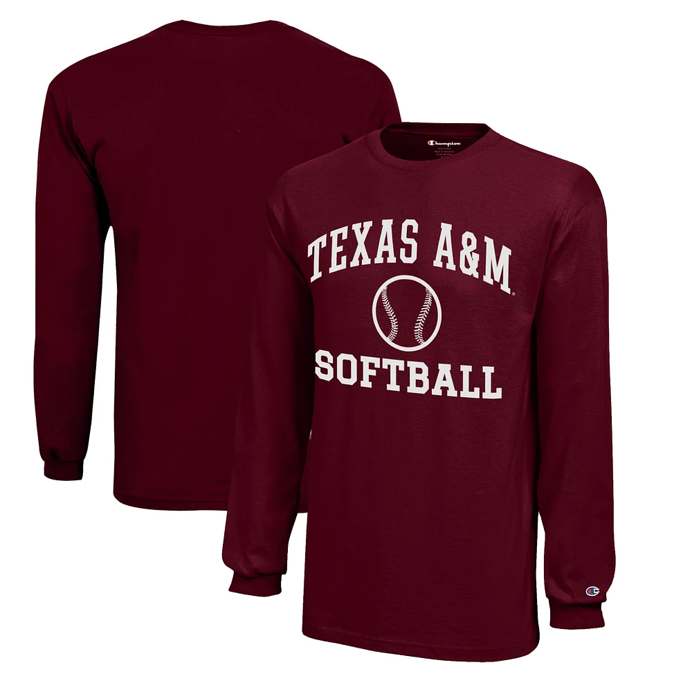 Youth Champion Maroon Texas A&M Aggies Icon Logo Long Sleeve Softball T-Shirt