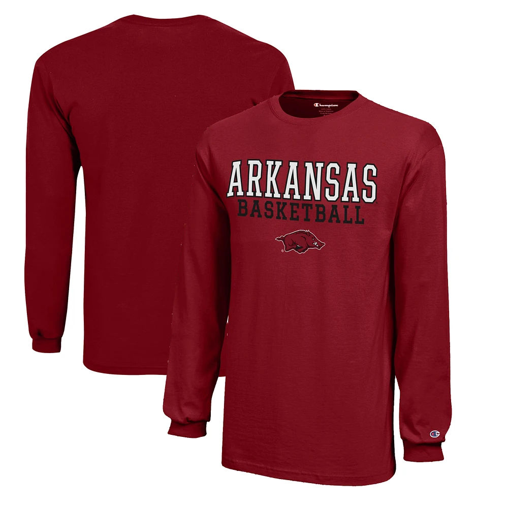 Youth Champion Cardinal Arkansas Razorbacks Stacked Logo Long Sleeve Basketball T-Shirt