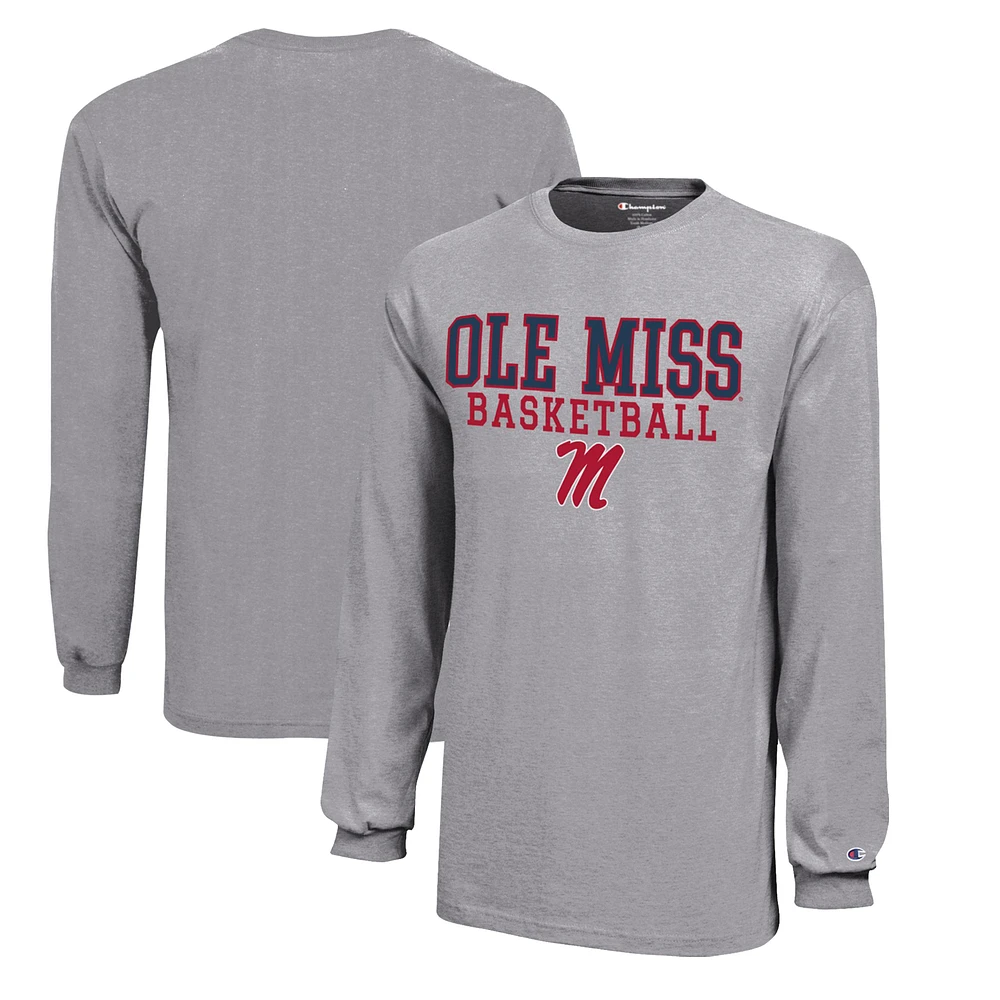 Youth Champion Gray Ole Miss Rebels Stacked Logo Long Sleeve Basketball T-Shirt
