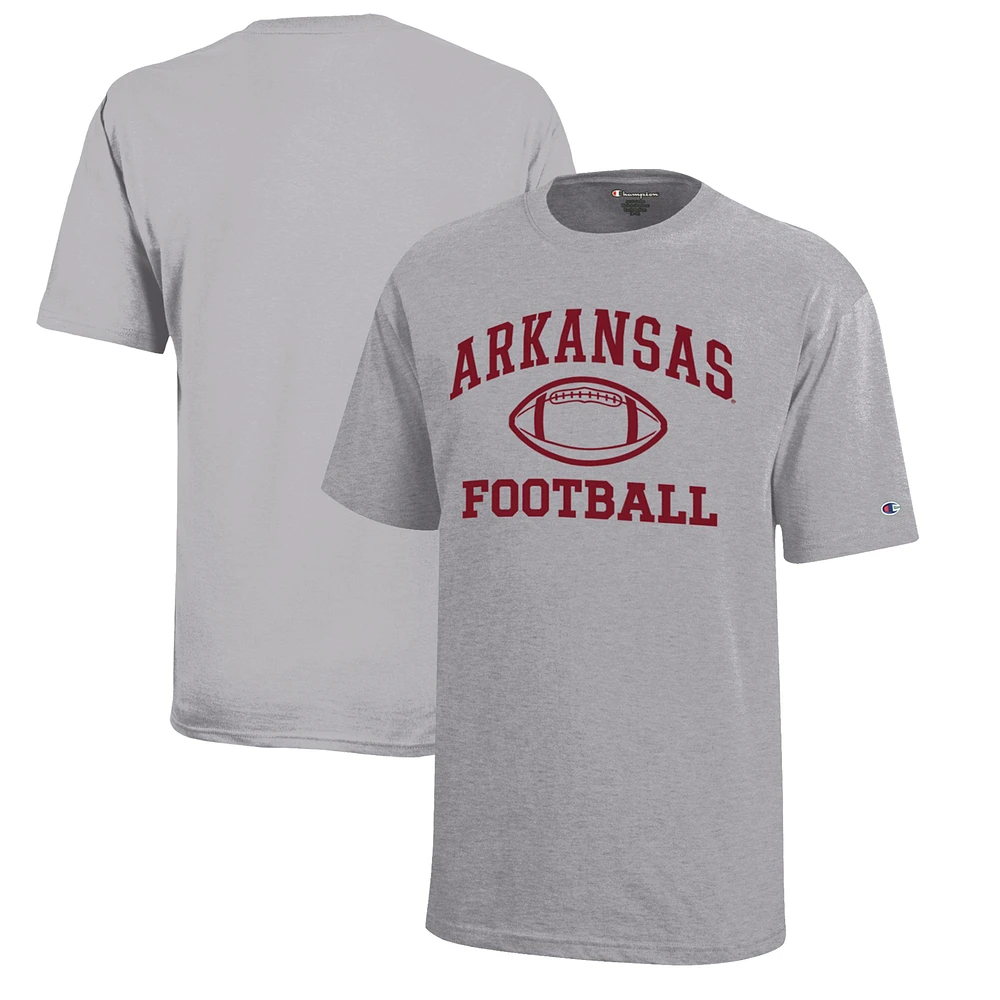 Youth Champion Gray Arkansas Razorbacks Icon Logo Football T-Shirt
