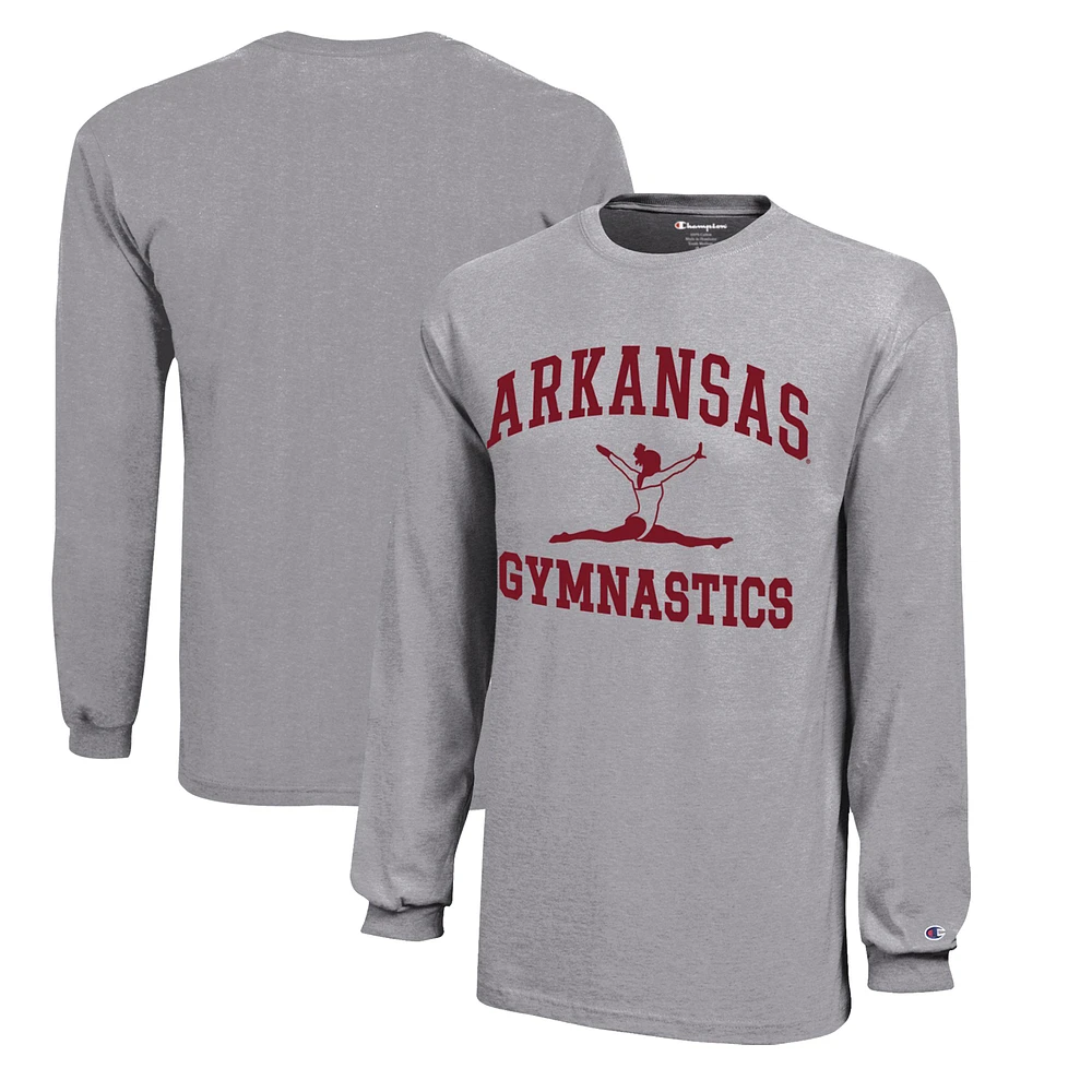 Youth Champion Gray Arkansas Razorbacks Icon Logo Long Sleeve Gymnastics T-Shirt