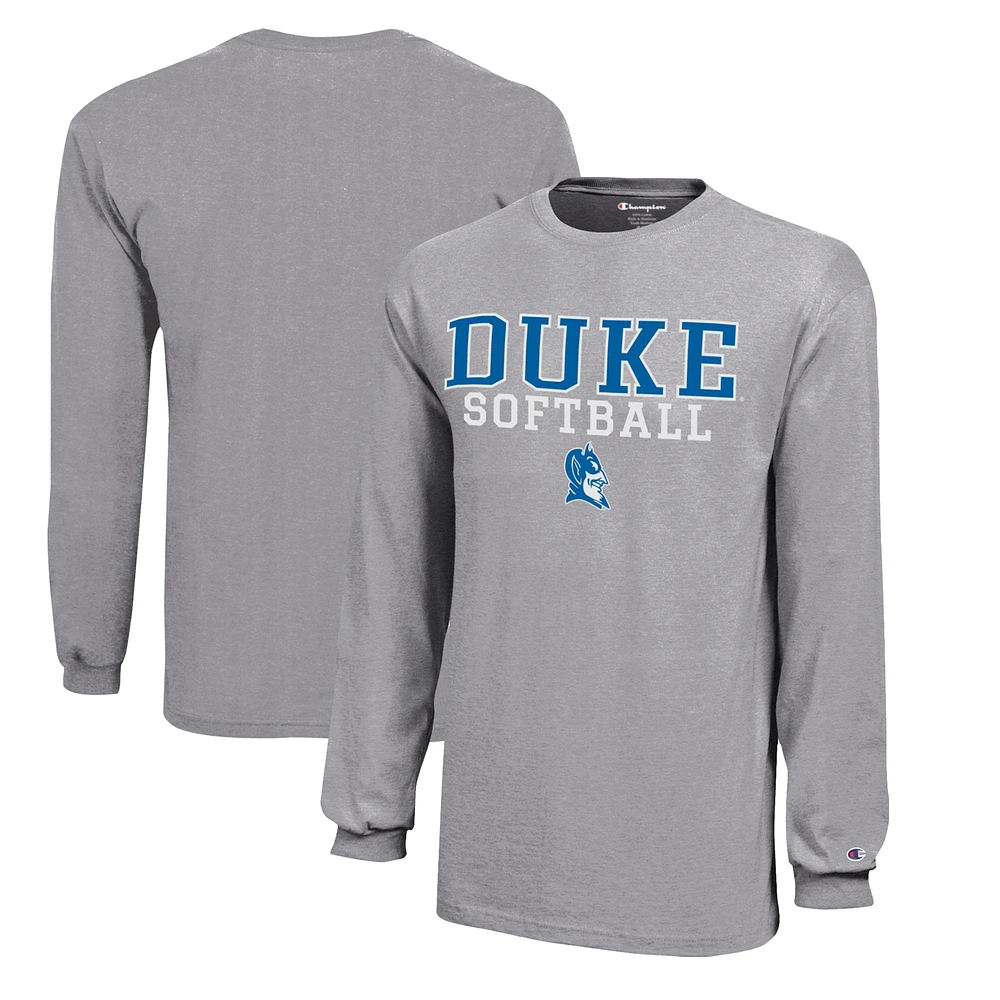 Youth Champion Gray Duke Blue Devils Stacked Logo Long Sleeve Softball T-Shirt