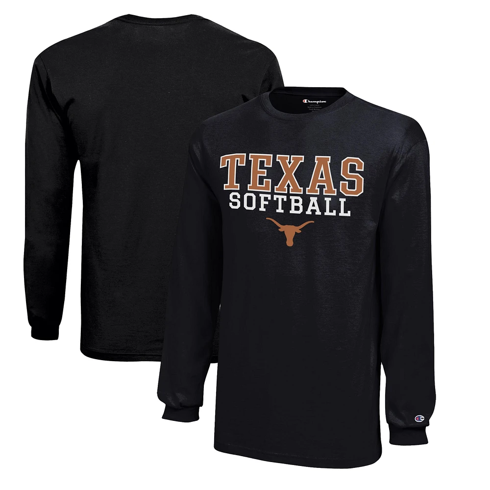 Youth Champion Black Texas Longhorns Stacked Logo Long Sleeve Softball T-Shirt