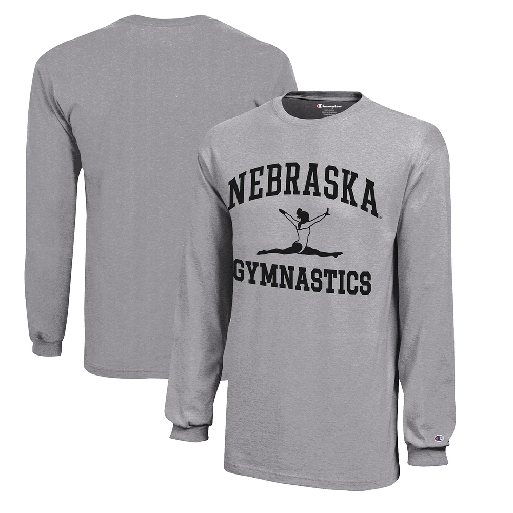 Youth Champion Gray Nebraska Huskers Icon Logo Long Sleeve Gymnastics T-Shirt