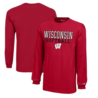 Youth Champion Red Wisconsin Badgers Stacked Logo Long Sleeve Softball T-Shirt