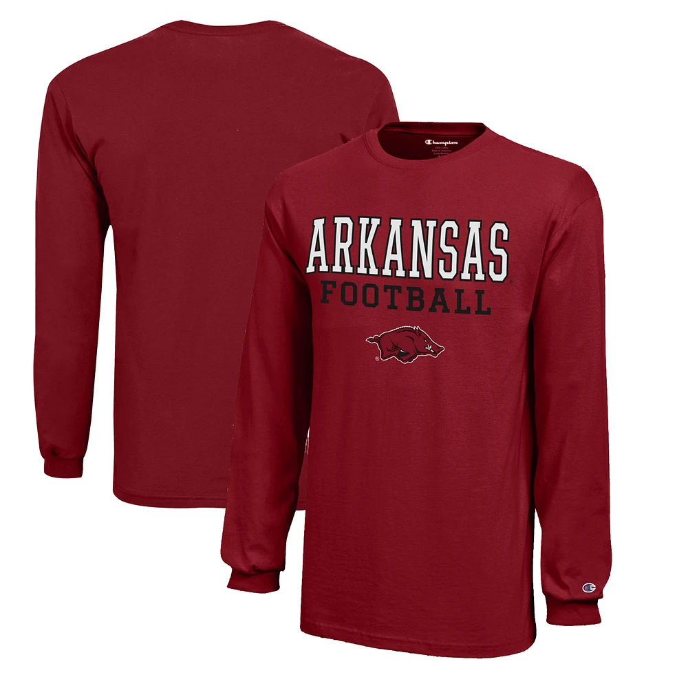 Youth Champion Cardinal Arkansas Razorbacks Stacked Logo Long Sleeve Football T-Shirt