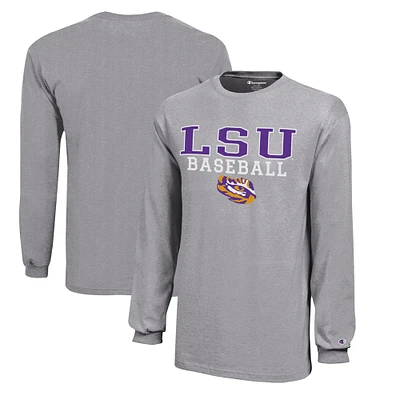 Youth Champion Gray LSU Tigers Stacked Logo Long Sleeve Baseball T-Shirt