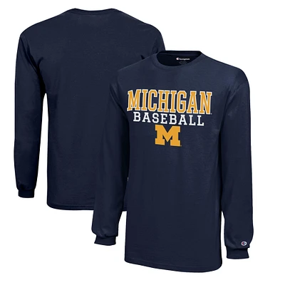 Youth Champion Navy Michigan Wolverines Stacked Logo Long Sleeve Baseball T-Shirt