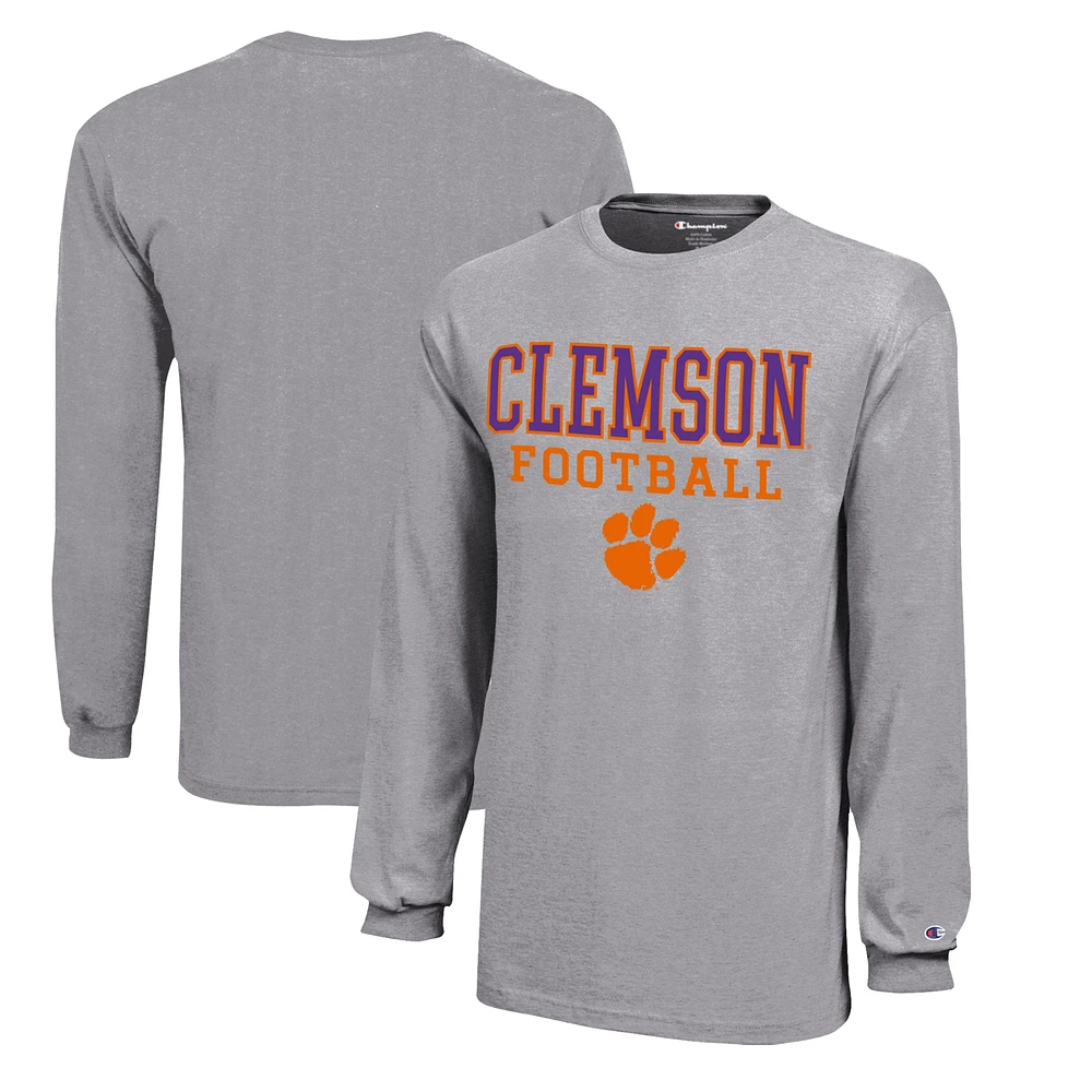 Youth Champion Gray Clemson Tigers Stacked Logo Long Sleeve Football T-Shirt