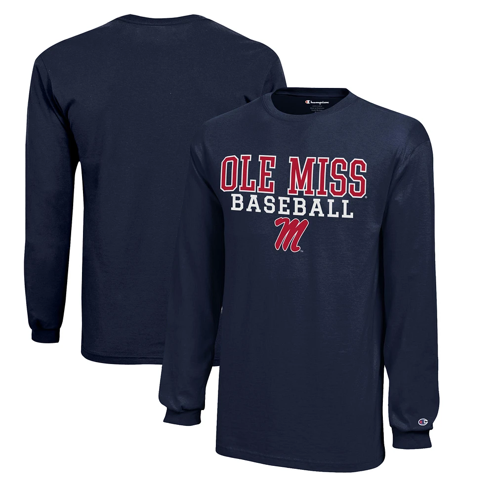 Youth Champion Navy Ole Miss Rebels Stacked Logo Long Sleeve Baseball T-Shirt