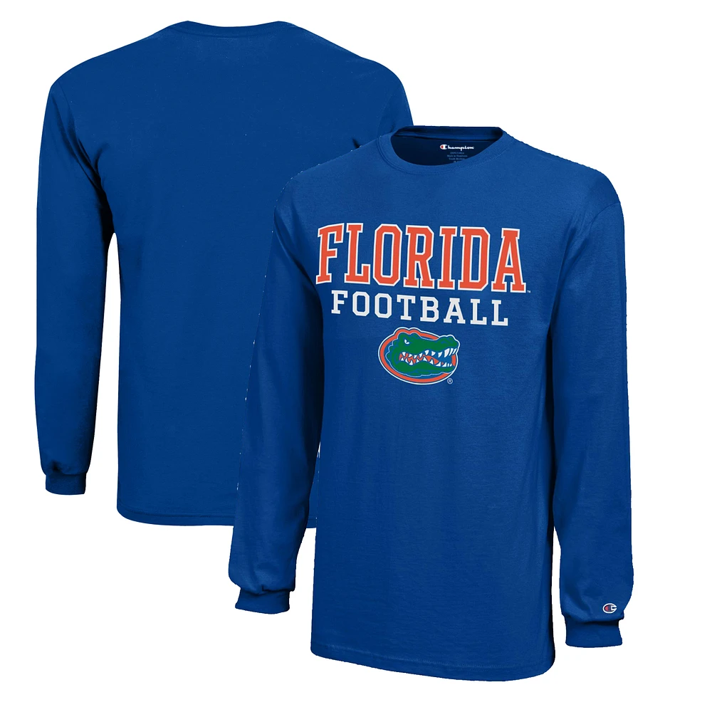 Youth Champion Royal Florida Gators Stacked Logo Long Sleeve Football T-Shirt