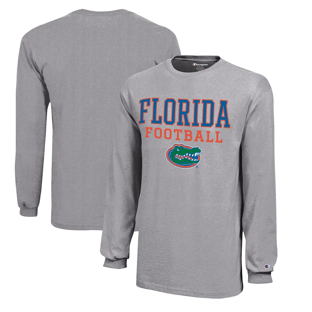 Youth Champion Gray Florida Gators Stacked Logo Long Sleeve Football T-Shirt