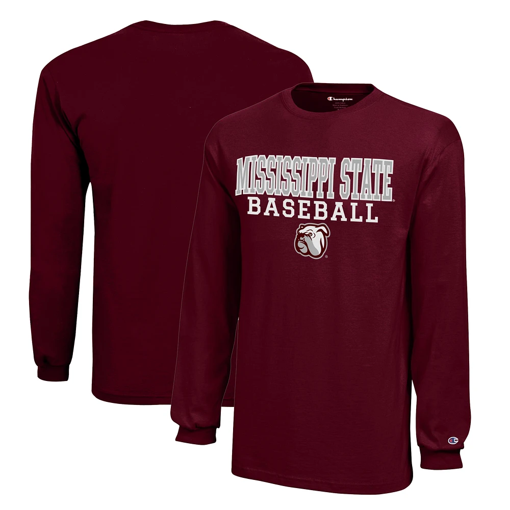 Youth Champion Maroon Mississippi State Bulldogs Stacked Logo Long Sleeve Baseball T-Shirt