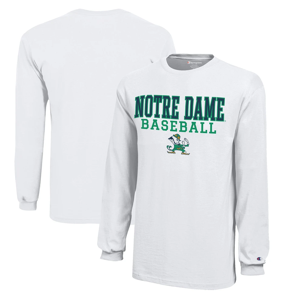 Youth Champion White Notre Dame Fighting Irish Stacked Logo Long Sleeve Baseball T-Shirt