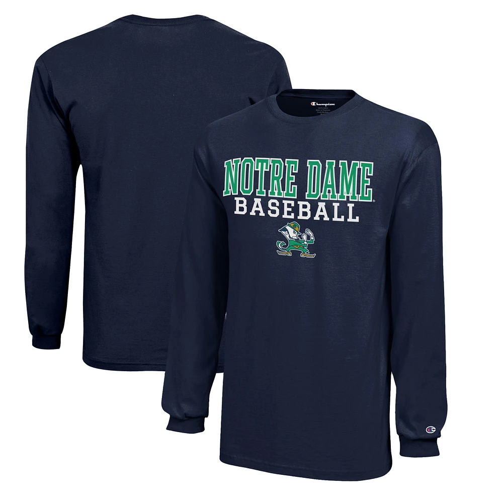 Youth Champion Navy Notre Dame Fighting Irish Stacked Logo Long Sleeve Baseball T-Shirt