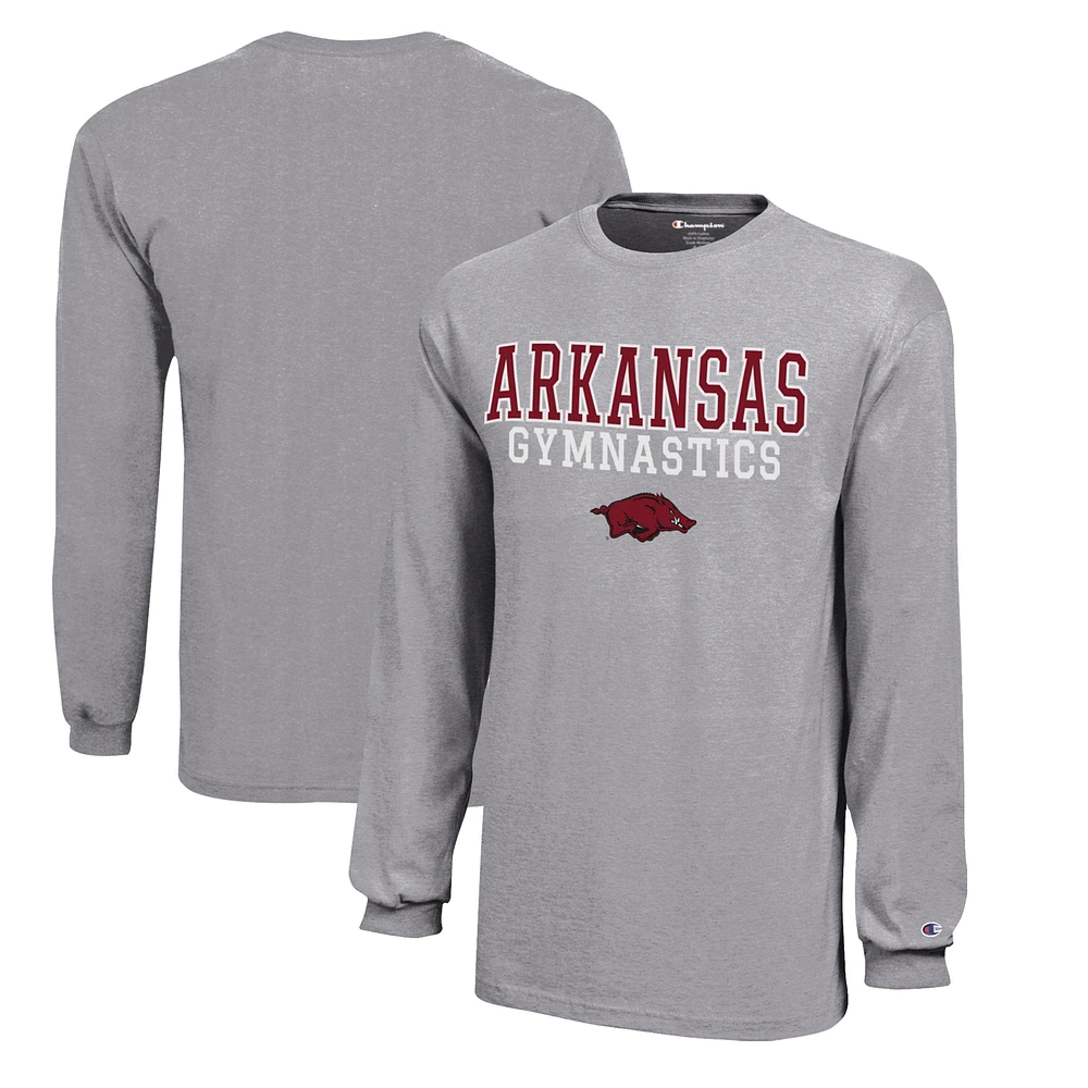 Youth Champion Gray Arkansas Razorbacks Stacked Logo Long Sleeve Gymnastics Jersey T-Shirt