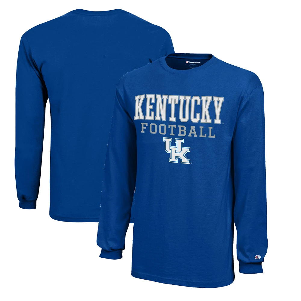 Youth Champion Royal Kentucky Wildcats Stacked Logo Long Sleeve Football T-Shirt