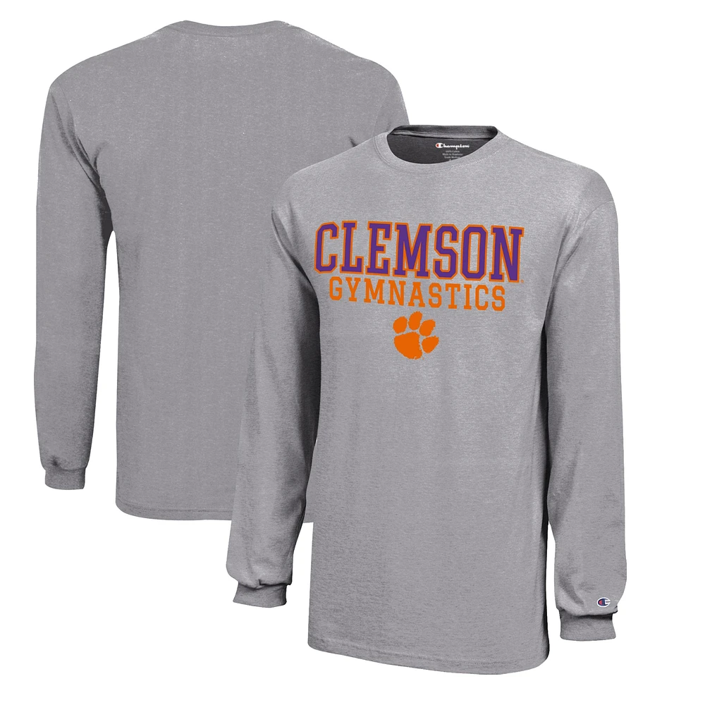 Youth Champion Gray Clemson Tigers Stacked Logo Long Sleeve Gymnastics Jersey T-Shirt