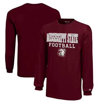 Youth Champion Maroon Mississippi State Bulldogs Stacked Logo Long Sleeve Football T-Shirt