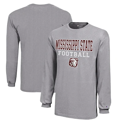 Youth Champion Gray Mississippi State Bulldogs Stacked Logo Long Sleeve Football T-Shirt