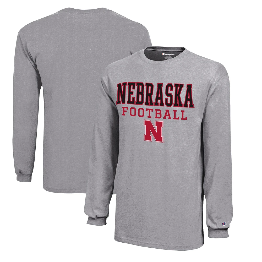 Youth Champion Gray Nebraska Huskers Stacked Logo Long Sleeve Football T-Shirt
