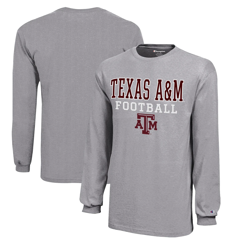 Youth Champion Gray Texas A&M Aggies Stacked Logo Long Sleeve Football T-Shirt