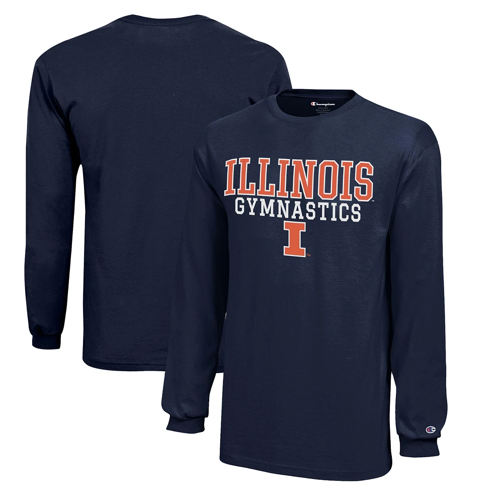 Youth Champion Navy Illinois Fighting Illini Stacked Logo Long Sleeve Gymnastics Jersey T-Shirt